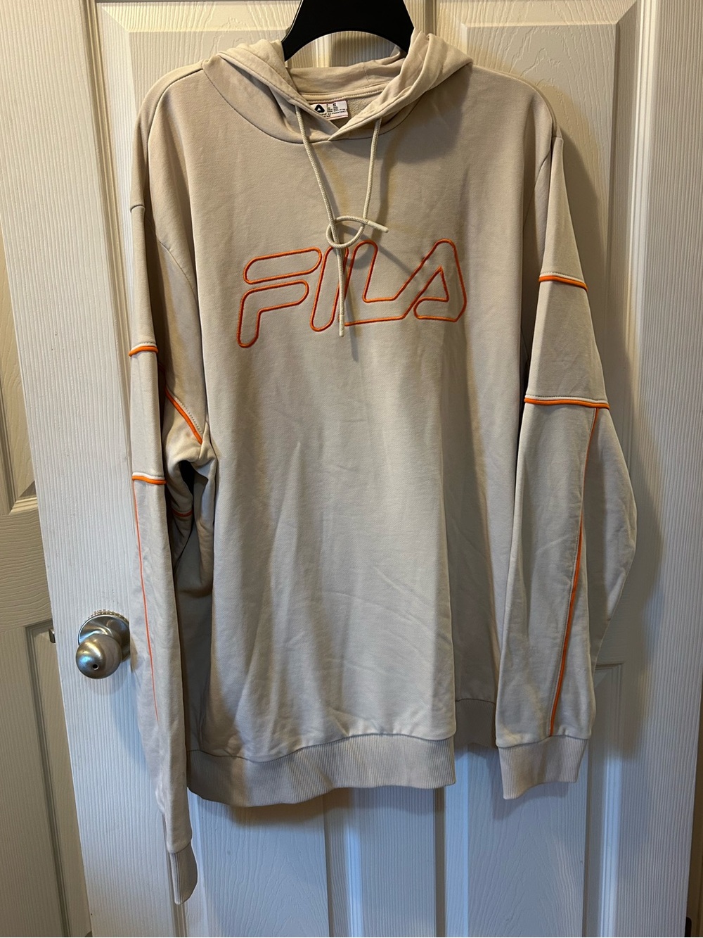 FILA XXL Beige Hoodie with Orange Trim Long Sleeves 2 Front Zip Pockets NWT